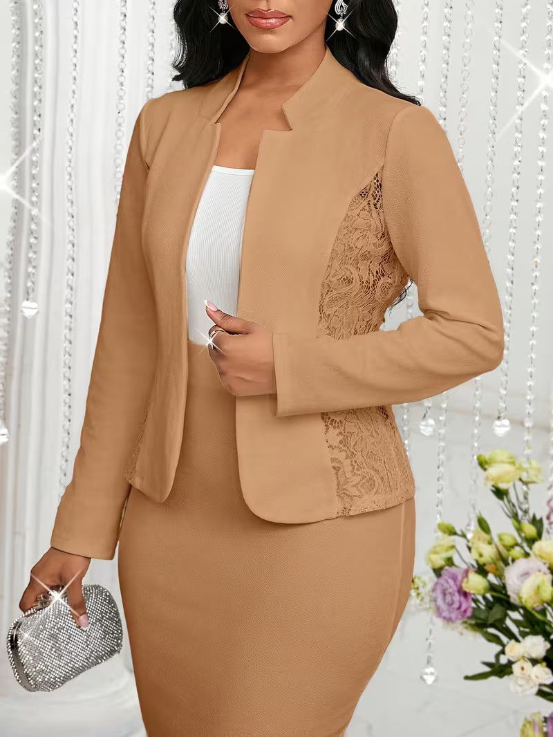 Women's Elegant Lace Trim Two-Piece Skirt Suit Set – Business Casual Office Blazer & Skirt Outfit