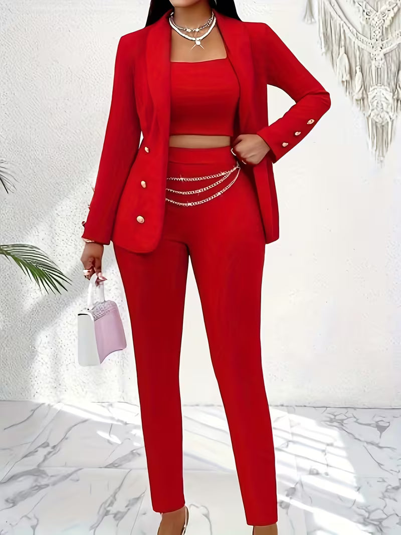 Women's 3-Piece Office Suit Set – Blazer, Tube Top Camisole & Tailored Pants Business Outfit
