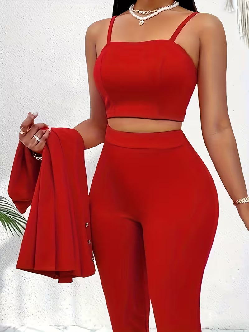 Women's 3-Piece Office Suit Set – Blazer, Tube Top Camisole & Tailored Pants Business Outfit