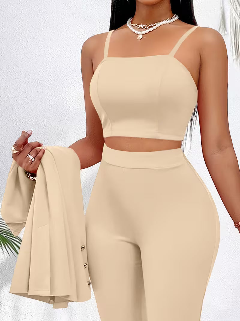 Women's 3-Piece Office Suit Set – Blazer, Tube Top Camisole & Tailored Pants Business Outfit