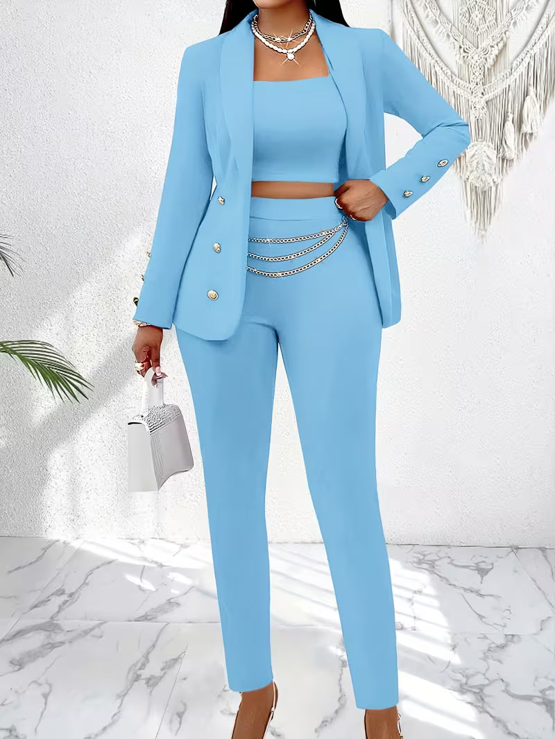 Women's 3-Piece Office Suit Set – Blazer, Tube Top Camisole & Tailored Pants Business Outfit