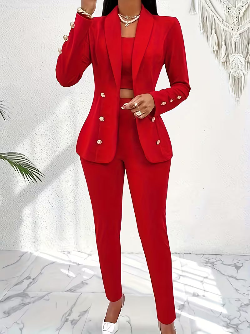 Women's 3-Piece Office Suit Set – Blazer, Tube Top Camisole & Tailored Pants Business Outfit