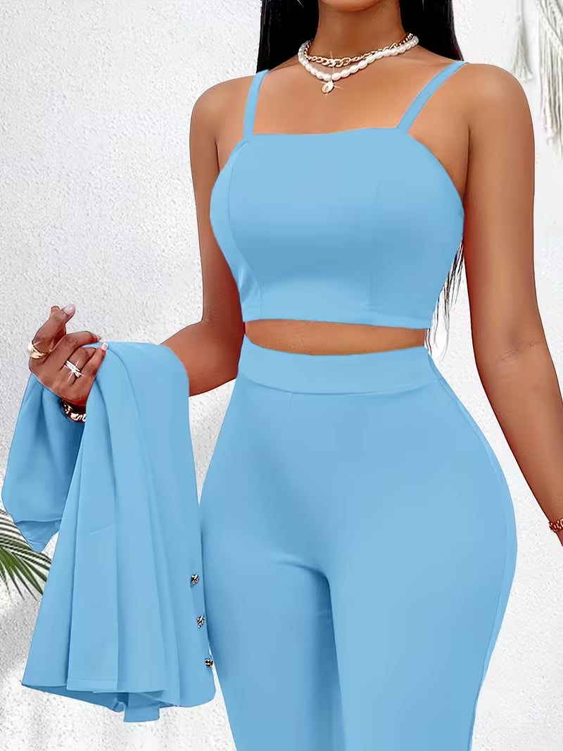 Women's 3-Piece Office Suit Set – Blazer, Tube Top Camisole & Tailored Pants Business Outfit