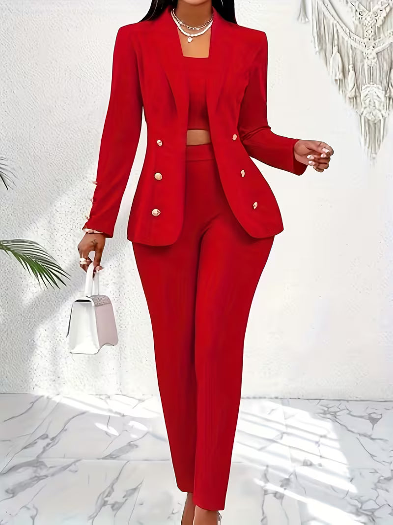 Women's 3-Piece Office Suit Set – Blazer, Tube Top Camisole & Tailored Pants Business Outfit