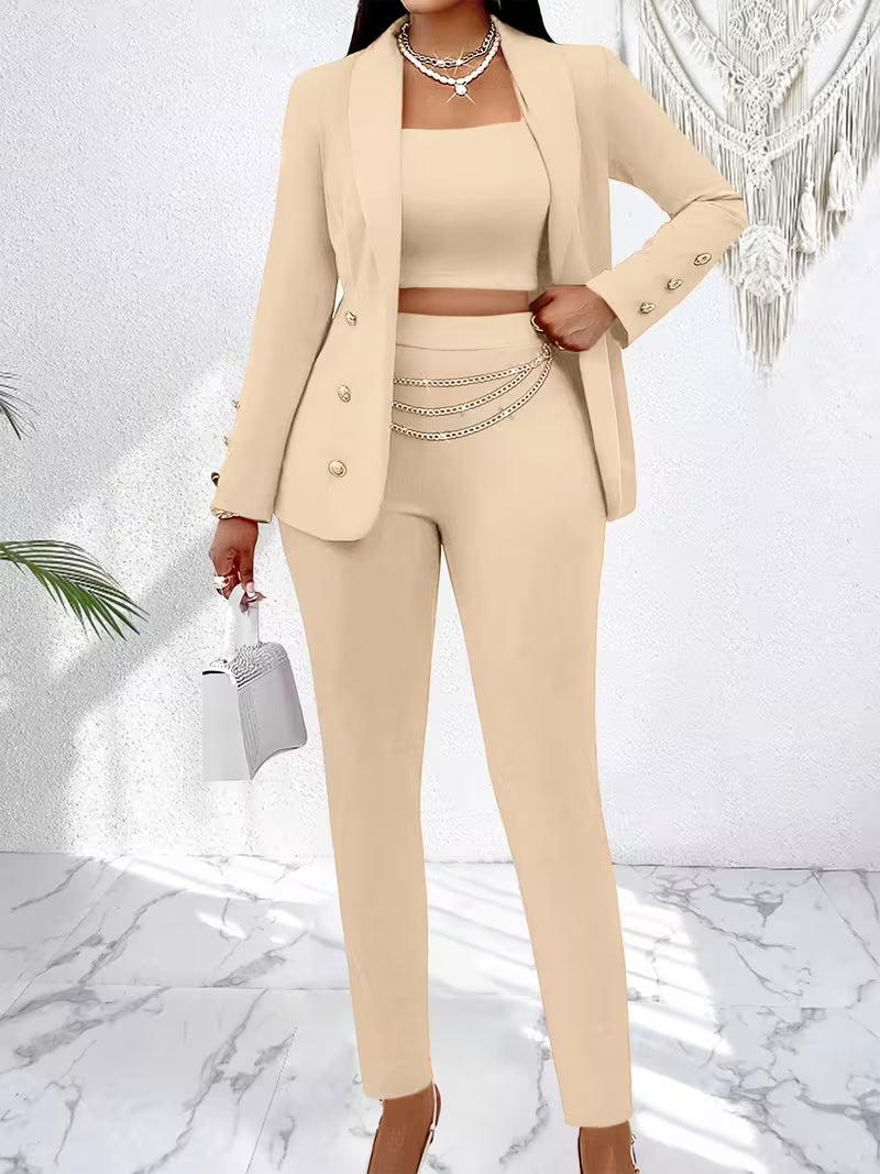 Women's 3-Piece Office Suit Set – Blazer, Tube Top Camisole & Tailored Pants Business Outfit