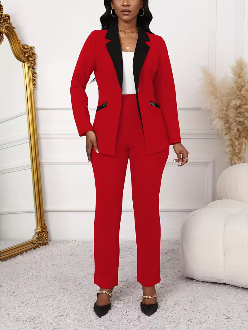 Women's Color Block 2-Piece Pants Suit Set – Elegant Long Sleeve Blazer & Tailored Pants Business Outfit
