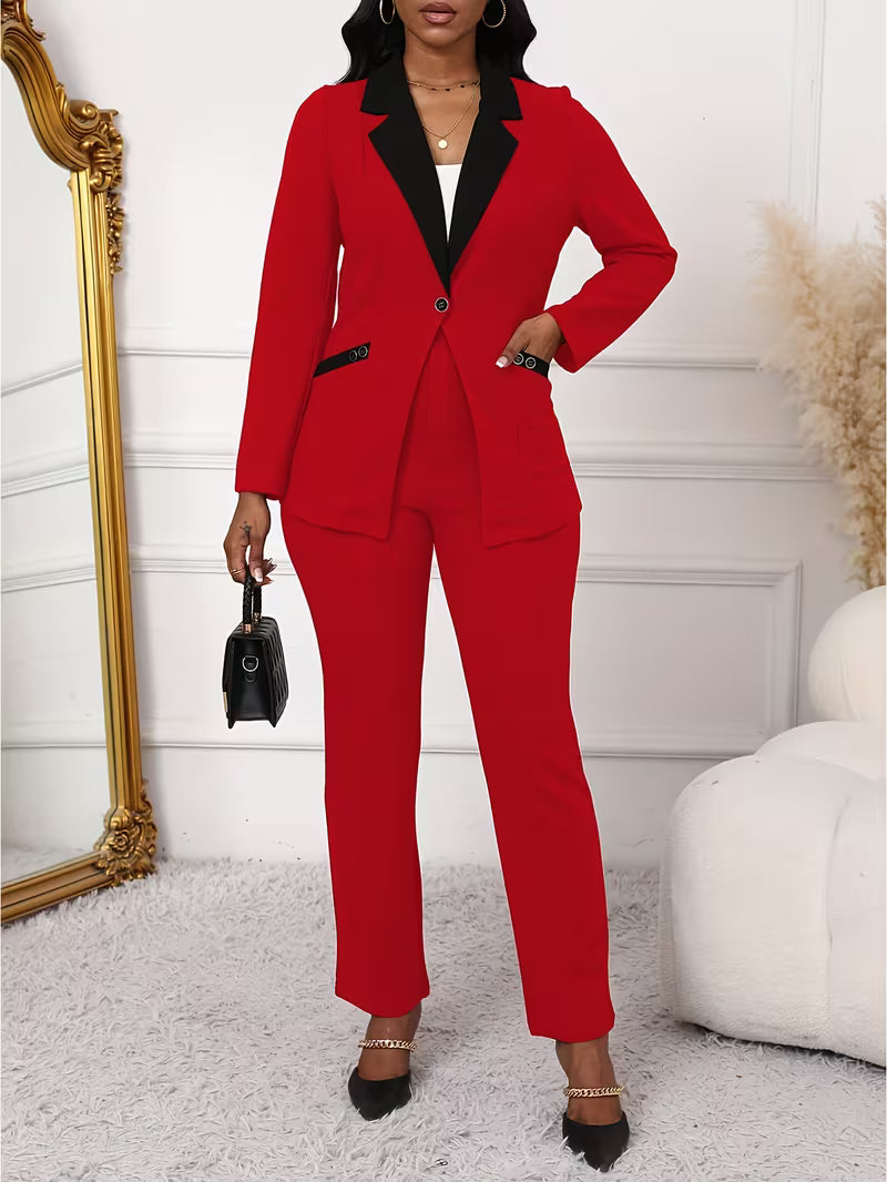 Women's Color Block 2-Piece Pants Suit Set – Elegant Long Sleeve Blazer & Tailored Pants Business Outfit