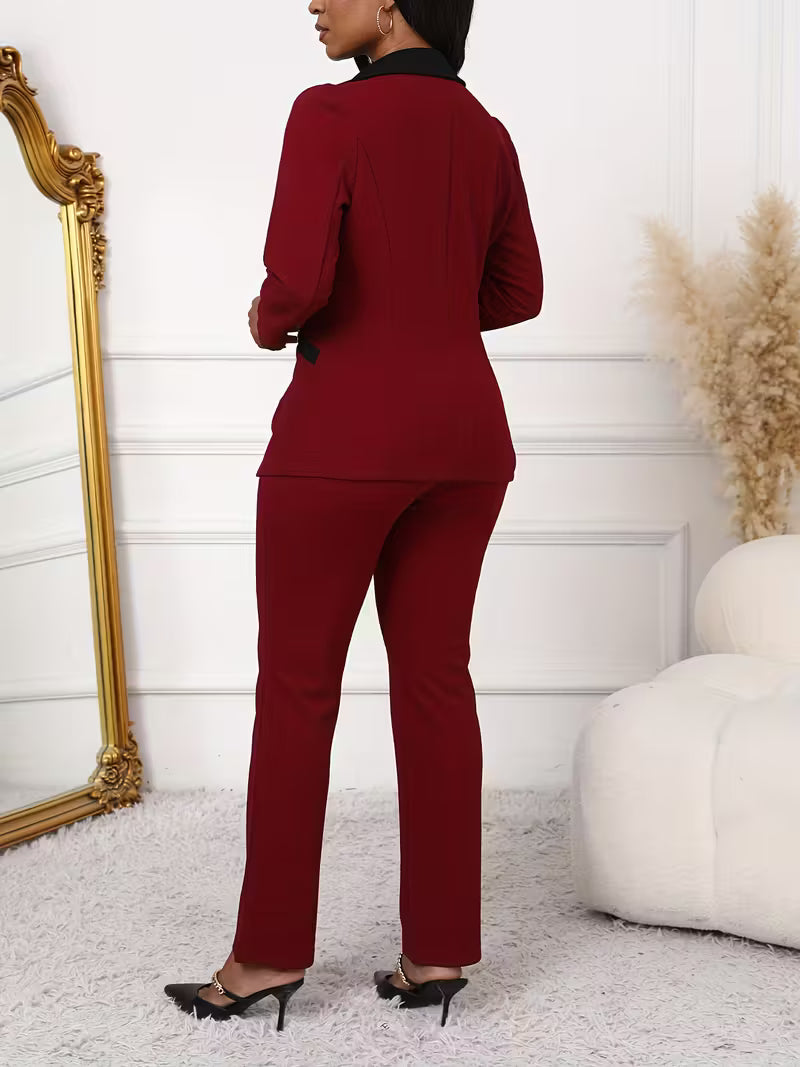 Women's Color Block 2-Piece Pants Suit Set – Elegant Long Sleeve Blazer & Tailored Pants Business Outfit