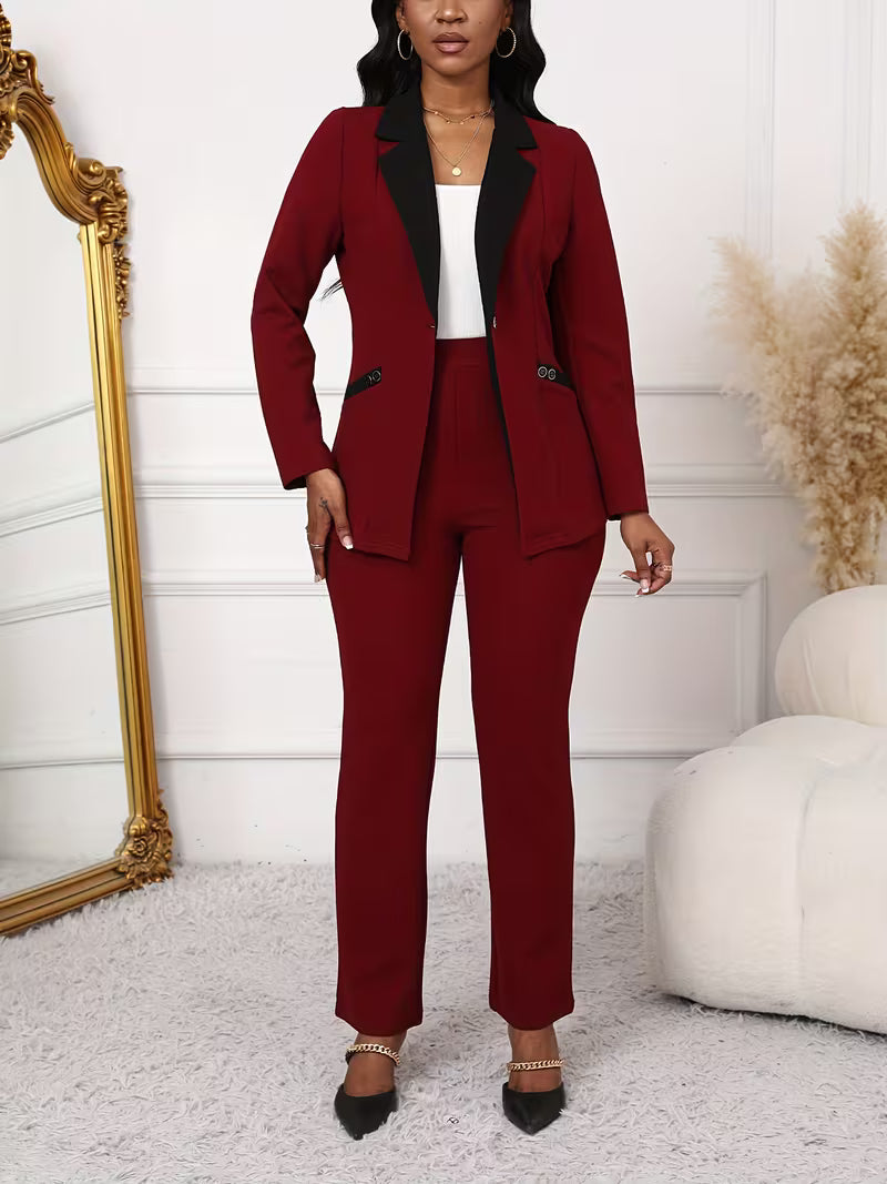 Women's Color Block 2-Piece Pants Suit Set – Elegant Long Sleeve Blazer & Tailored Pants Business Outfit