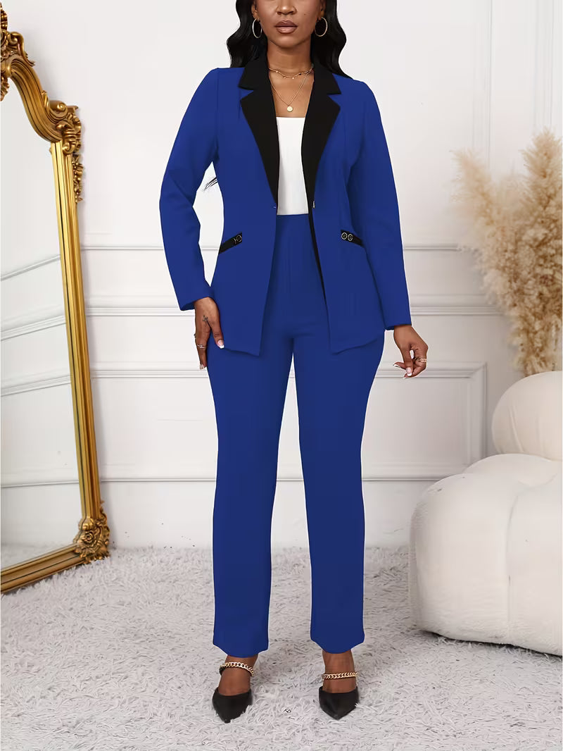 Women's Color Block 2-Piece Pants Suit Set – Elegant Long Sleeve Blazer & Tailored Pants Business Outfit