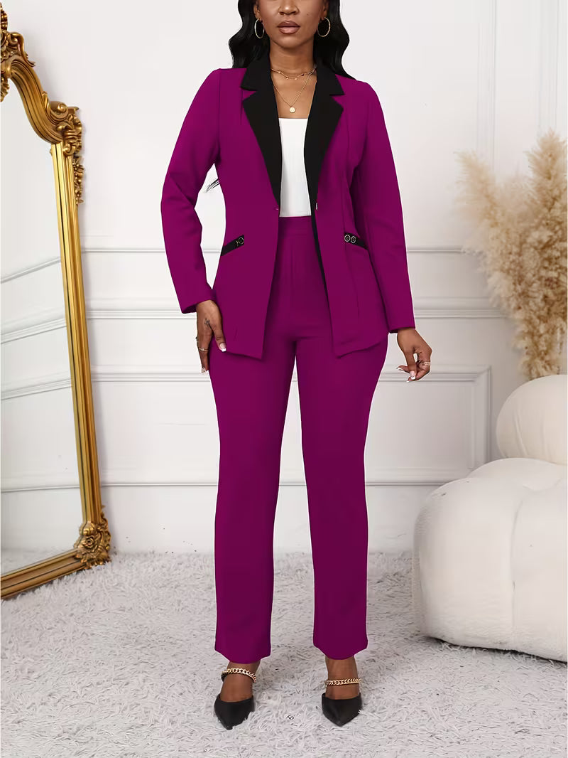 Women's Color Block 2-Piece Pants Suit Set – Elegant Long Sleeve Blazer & Tailored Pants Business Outfit