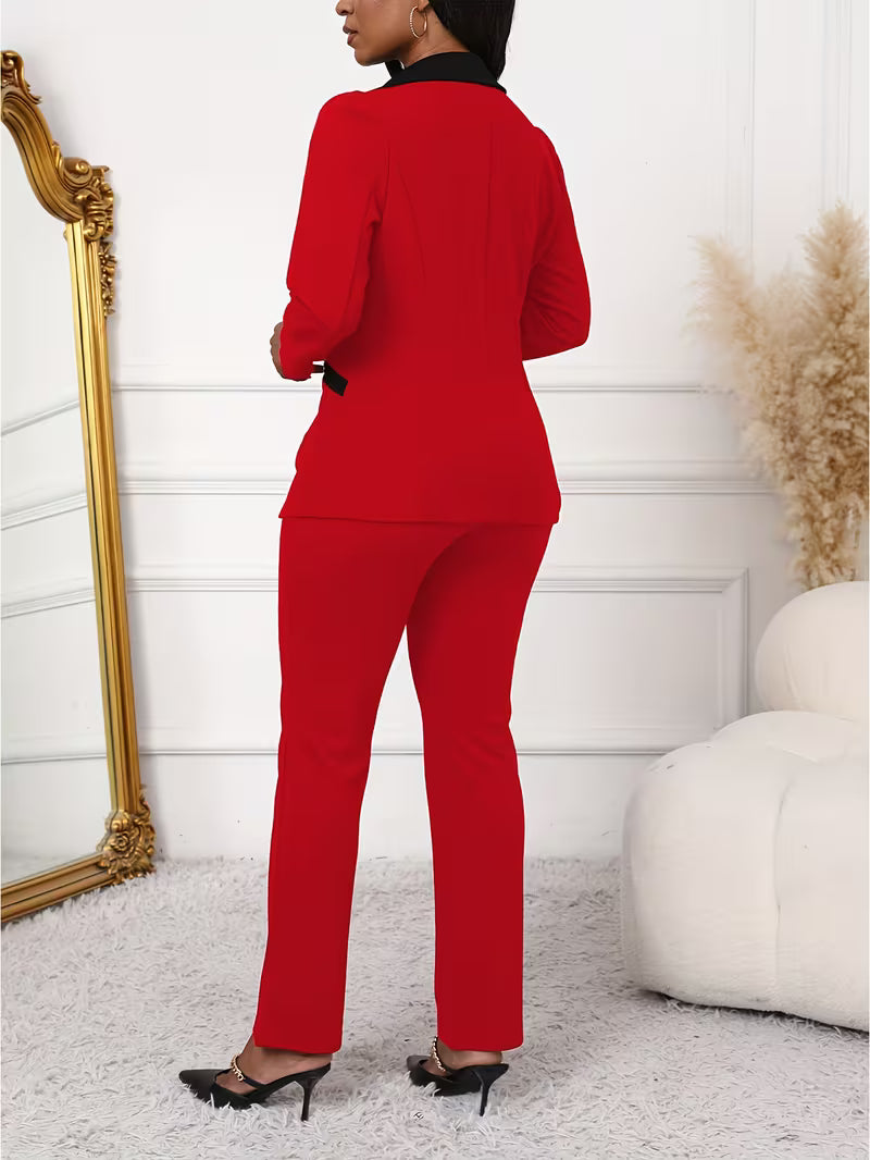 Women's Color Block 2-Piece Pants Suit Set – Elegant Long Sleeve Blazer & Tailored Pants Business Outfit