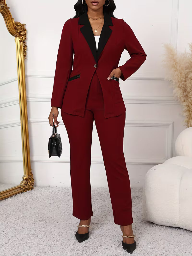 Women's Color Block 2-Piece Pants Suit Set – Elegant Long Sleeve Blazer & Tailored Pants Business Outfit