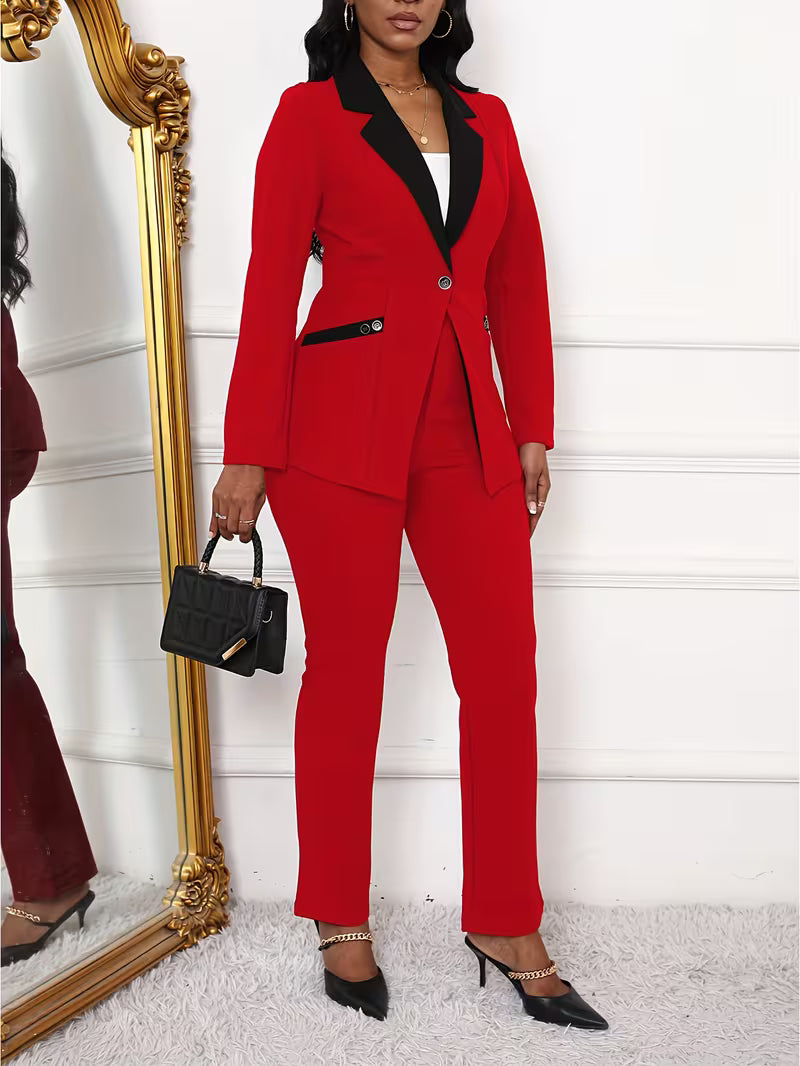 Women's Color Block 2-Piece Pants Suit Set – Elegant Long Sleeve Blazer & Tailored Pants Business Outfit