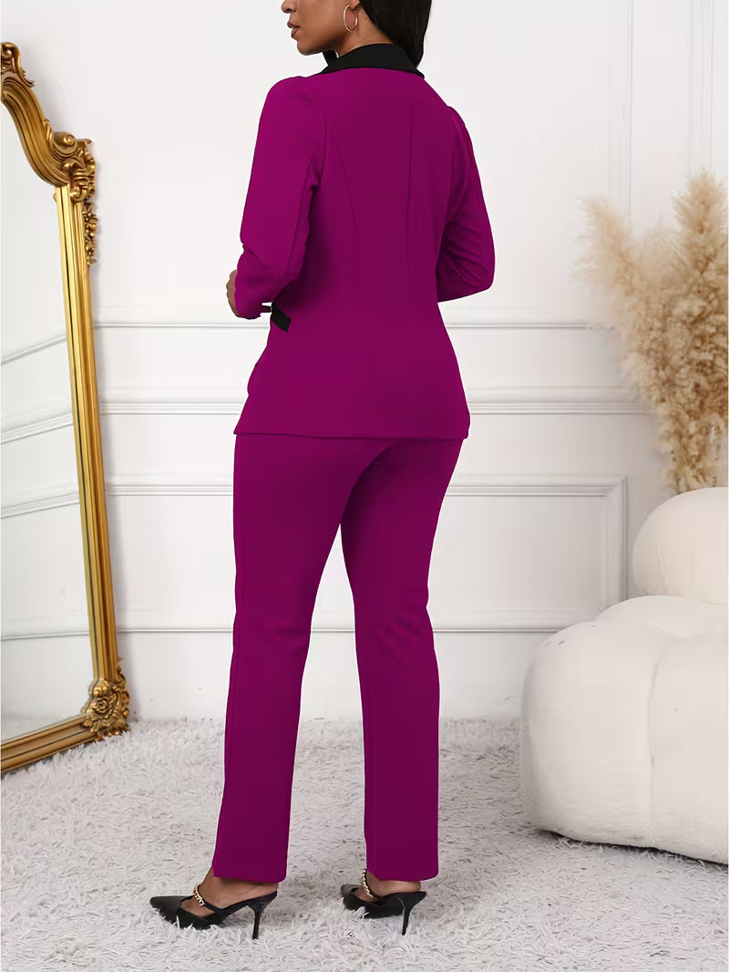Women's Color Block 2-Piece Pants Suit Set – Elegant Long Sleeve Blazer & Tailored Pants Business Outfit