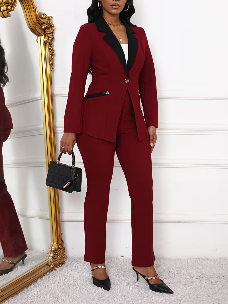 Women's Color Block 2-Piece Pants Suit Set – Elegant Long Sleeve Blazer & Tailored Pants Business Outfit