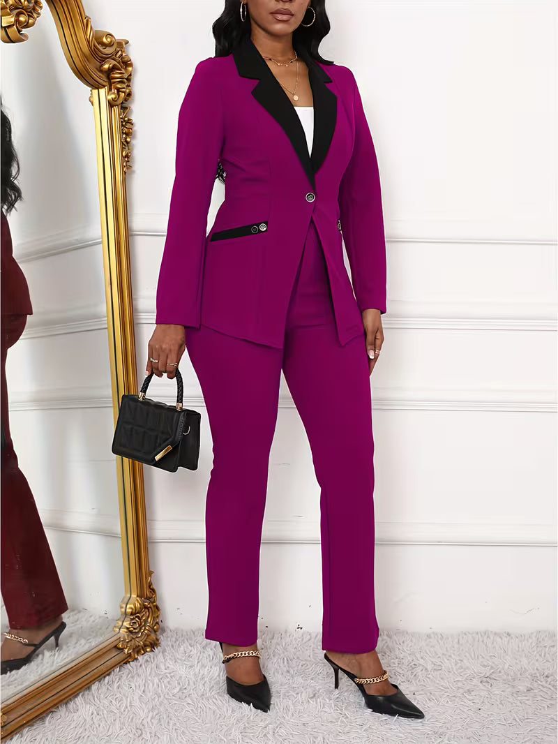 Women's Color Block 2-Piece Pants Suit Set – Elegant Long Sleeve Blazer & Tailored Pants Business Outfit