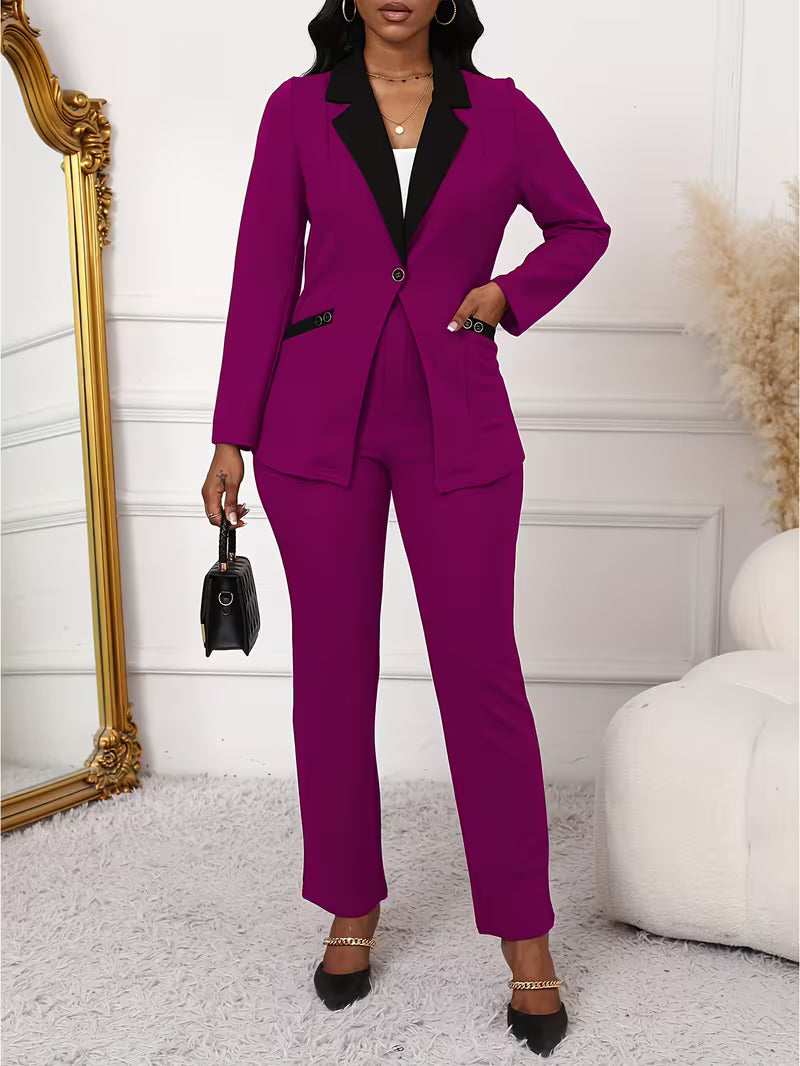 Women's Color Block 2-Piece Pants Suit Set – Elegant Long Sleeve Blazer & Tailored Pants Business Outfit