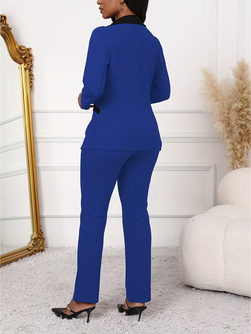 Women's Color Block 2-Piece Pants Suit Set – Elegant Long Sleeve Blazer & Tailored Pants Business Outfit
