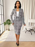 Women's Plaid Two-Piece Office Suit – Elegant Blazer & Split Skirt Set