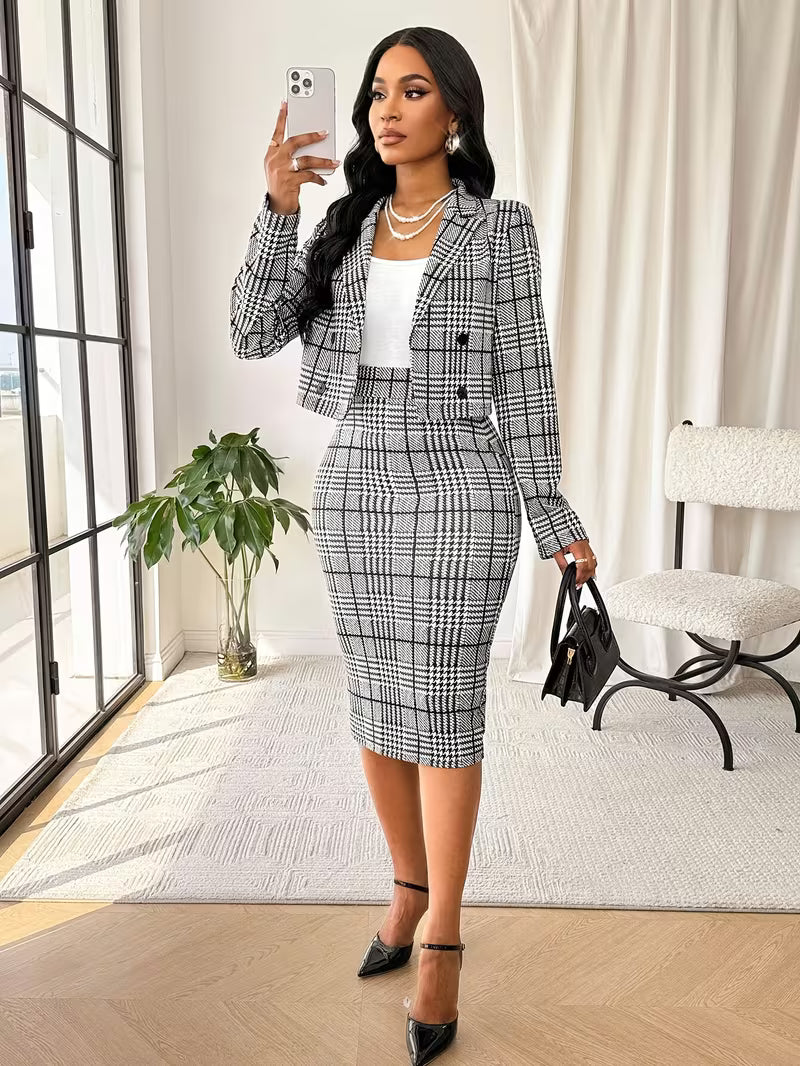Women's Plaid Two-Piece Office Suit – Elegant Blazer & Split Skirt Set