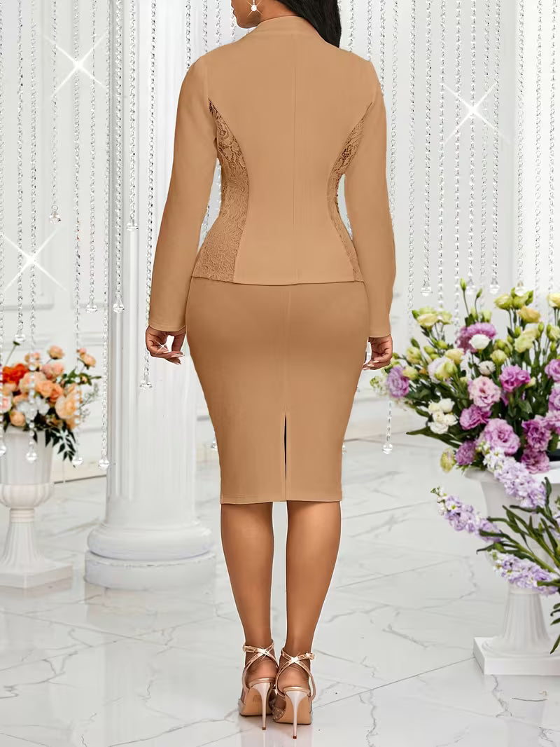 Women's Elegant Lace Trim Two-Piece Skirt Suit Set – Business Casual Office Blazer & Skirt Outfit