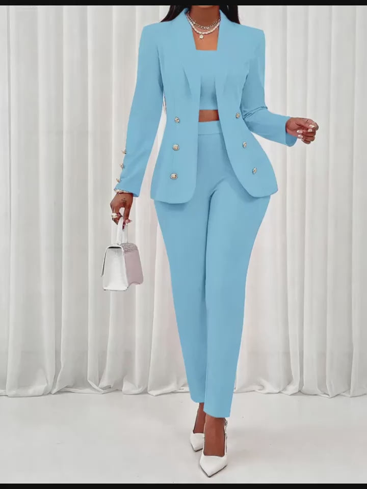 Women's 3-Piece Office Suit Set – Blazer, Tube Top Camisole & Tailored Pants Business Outfit